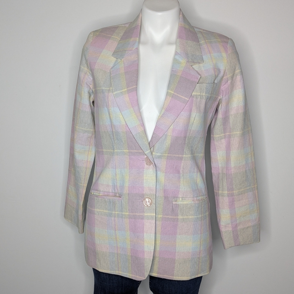 Vintage Bridgewater Pink Blue Yellow Spring Pastel Plaid Cotton Linen Jacket  2P